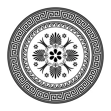Greek round ornament pattern frame plate with pattern in center. Greek meander.  Stock Illustration