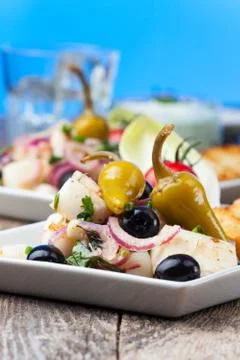 Greek salad of grilled octopus Stock Photos