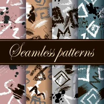 Greek seamless patterns set.  Vector ornamental tribal backgrounds. Grunge re Stock Illustration