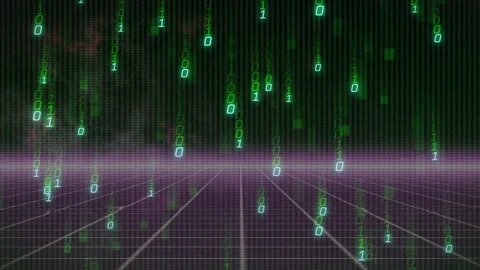 Green '1' flickering starting binary digits streaming down grid and scattering Stock Footage 312915796