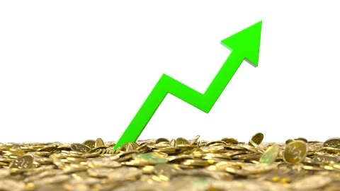 A green 3D arrow rises from the pile of gold coins, Business concept Stock Footage 244969373