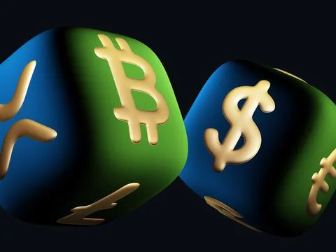 Green 3D dices with crypto logos Bitcoin, Litecoin and Dollar sign Illustration