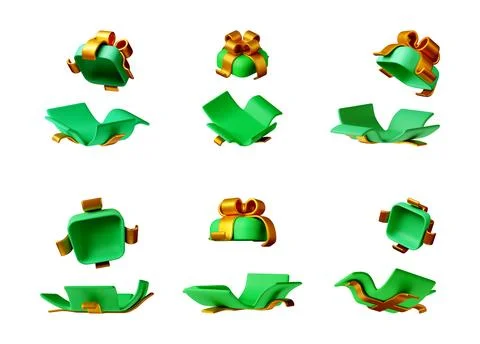 Green 3d gift box with gold ribbon Stock Illustration