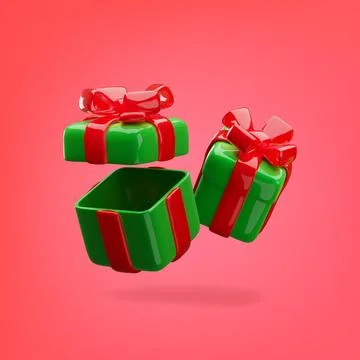 Green 3D gift boxes with red bows and open and closed lids falling on a pink Stock Illustration
