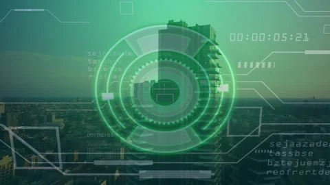 Green 3D HUD emerging over dusk skyline rings showing data, analyzing skyscraper Stock Footage 317159417
