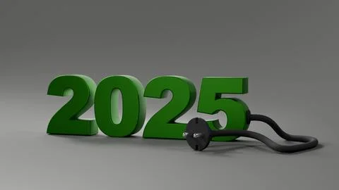 Green 3D model of 2025 with wire and electric plug on dark background, elec.. Stock Photos