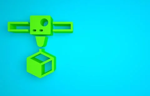 Green 3D printer cube icon isolated on blue background. 3d printing. Minimalism 库存插图