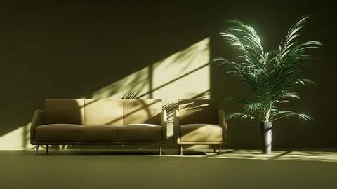 Green 3d render on abstract empry indoor interrior, sofa and chair and plant  Stock Illustration