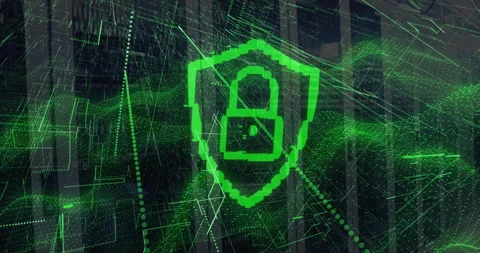 Green 3D shield forming in server corridor, cycling digits unlocking then Stock Footage 314869171
