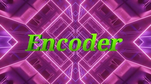 Green 3D text encoder floating in a futuristic purple neon tunnel with glowing Stock Footage 346133480