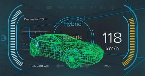 Green 3D wireframesedan rotating in HUD simulation, with drivemode gauge Stock Photos