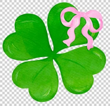 Green 4 Leaf Clover with Ribbon Bow Watercolor vibrant Stock Illustration