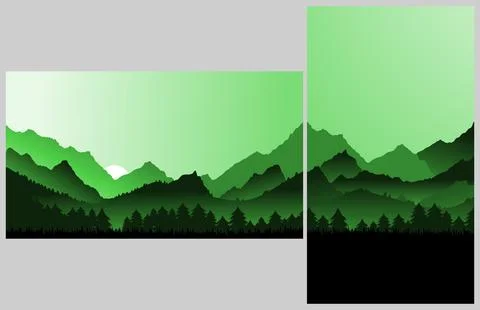 Green 4k Vector wallpaper with a landscape, a mountain range vertical and h.. Stock Illustration