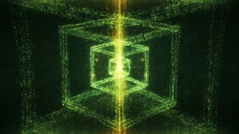 Green Abstract Cube Nested Matrix Style Slowly Spinning - Sacred Geometry Stock Footage 104528018