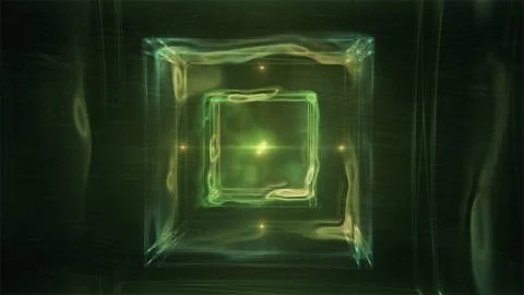 Green Abstract Cube Surrounded by Liquid Light - Sacred Geometry Illustrazione stock