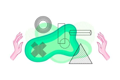Green Abstract Flowing Shape and Contour Geometrical Objects Surrounded by Human Stock Illustration