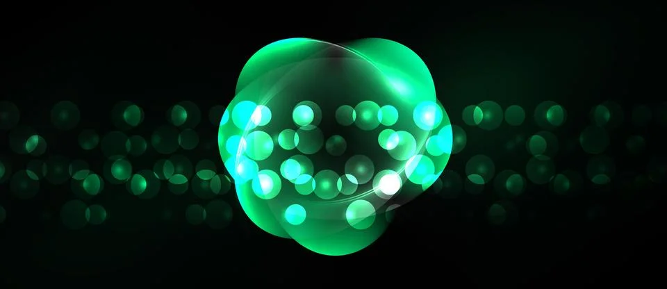 Green abstract form dominates dark background. Numerous glowing circles creat 库存插图