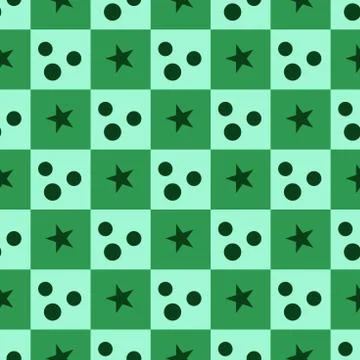 Green abstract geometric chess pattern with bubbles, stars in squares Stock Illustration