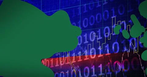 Green abstract shapes over binary coding and financial data processing on blue Stock Illustration