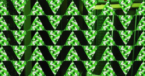 Green abstract triangular shapes over computer server room Stockillustratie