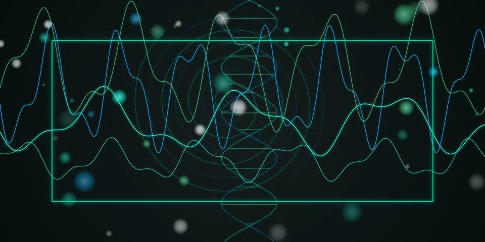 Green abstract wave lines on dark space background Stock Illustration