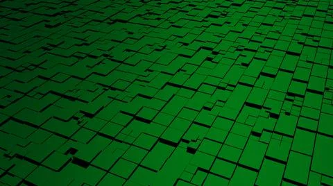Green abstraction with moving square elements, cool light and shadows.  Illustrazione stock