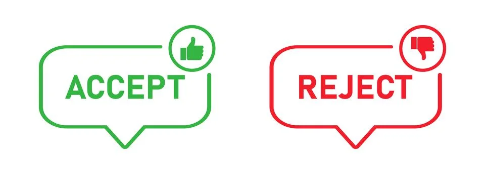 Green accept speech bubble with thumbs up and red reject speech bubble with.. Stock Illustration