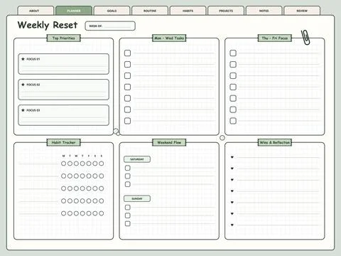 Green aesthetic weekly planner template with habit tracker and notes grid Stock Illustration