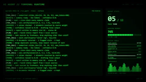 Green AI Agent Terminal Runtime With Code Trace Log And Agent State Panel. Stockbeeldmateriaal 348473986