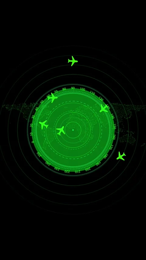 Green air traffic radar map glowing plane icons, circular navigation scale, and Stock Footage 340548588
