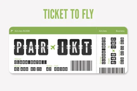 Green Airline Ticket. Vector flight coupon. Airplane boarding card isolated on Illustrazione stock
