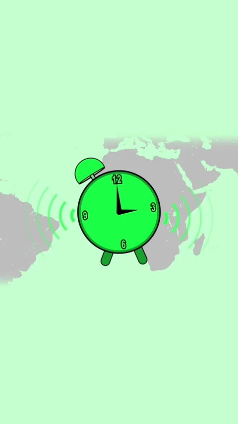 Green alarm clock ringing over a faint world map background animation in ve.. Stock Footage 344733018