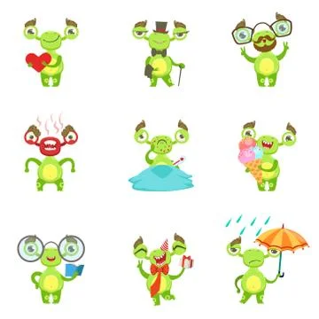 Green Alien Character Different Emotions And Situations Set Illustrazione stock