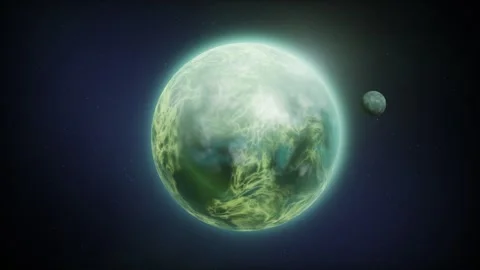 Green Alien Exoplanet with Orbiting Moon in Deep Space 3D Loop Animation Stockbeeldmateriaal 345869307