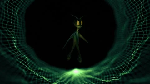 Green alien floating in wormhole tunnel looking around Stock Footage 327222324