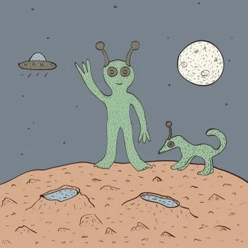 Green alien with pet Stock Illustration