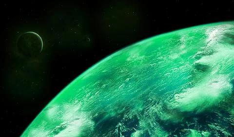 Green alien planet orbiting in deep space Stock Photos