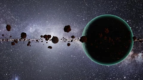 Green alien planet surrounded by asteroids and a planetoid in a nebula Stock Footage 246782776