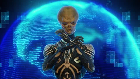 Green Alien in Sci fi Black &amp; Gold Armor standing in front of Hologram of Earth Stock Footage 316673040
