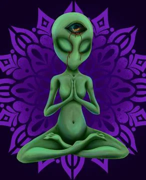 Green alien in yoga pose 2d illustration with beautiful background Stock Illustration