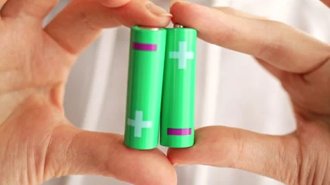 Green alkaline batteries AA type rechargeable accumulators in hands Stock Footage 235470916