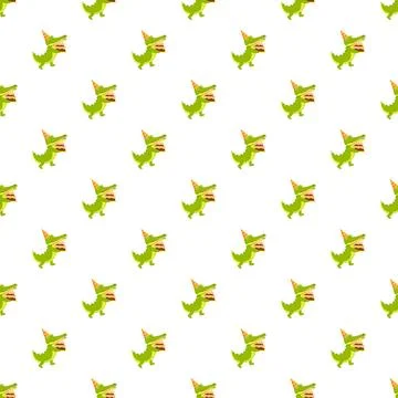Green alligator pattern with birthday hat and cake Stock Illustration