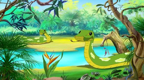 Green Anaconda in the Amazon River Stock Illustration