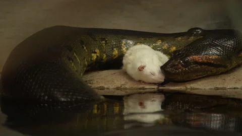 Green anaconda, Eunectes murinus, big snake with mouse near the eiver water, Ama Stock Footage 275493599