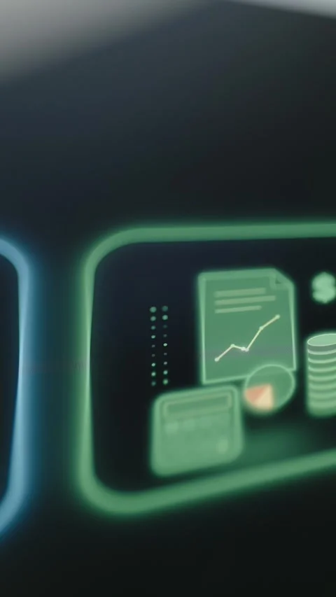Green Analytics Application Tiles With Line Chart And Report Document 4K Stockbeeldmateriaal 341347231