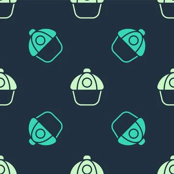 Green and beige Baseball cap icon isolated seamless pattern on blue background Stock Illustration
