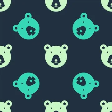 Green and beige Bear head icon isolated seamless pattern on blue background.. Stock Illustration