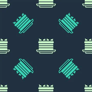 Green and beige Cake icon isolated seamless pattern on blue background. Happy Stock Illustration