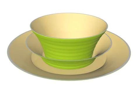 Green and beige ceramic dinner plate and bowls, 3D illustration Stock Illustration