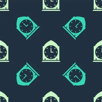 Green and beige Clock icon isolated seamless pattern on blue background. Time 스톡 일러스트